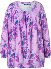 Ulla Popken Allover Printed Pleated Long Sleeve Tee Lavender