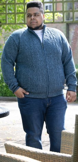 D555 ECCLES Cable Knitted Zip Through Sweater With Bonded Check Lining Denim Marl - Džemperi un džemperi ar kapuci - Džemperi - 2XL-14XL