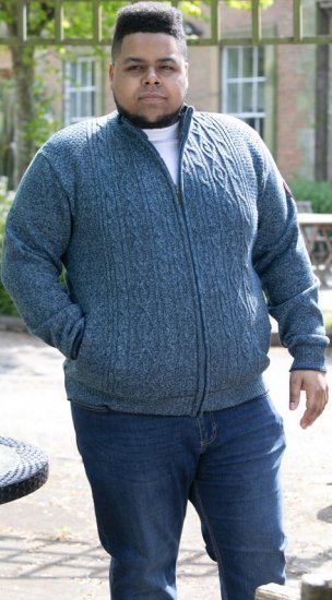 D555 ECCLES Cable Knitted Zip Through Sweater With Bonded Check Lining Denim Marl - Džemperi un džemperi ar kapuci - Džemperi - 2XL-14XL