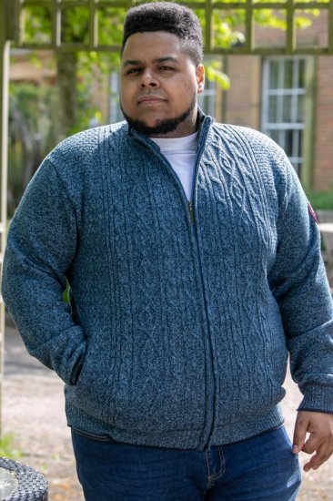 D555 ECCLES Cable Knitted Zip Through Sweater With Bonded Check Lining Denim Marl - Džemperi un džemperi ar kapuci - Džemperi - 2XL-14XL