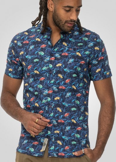D555 Hartlepool Short Sleeve Vintage Car AOP Stretch Shirt Blue - Krekli - Krekli - 2XL-8XL