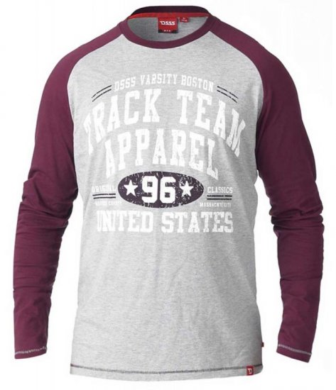D555 KELTON Long Sleeve Raglan T-Shirt Grey/Burgundy - T-krekli - T-krekli - 2XL-14XL