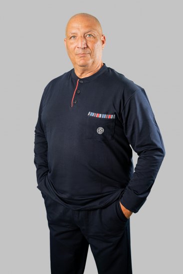 20 Nodi Long Pajamas in Stretch Fleece Cotton with Serafino Collar and Jacket with Pocket and Side Slits Navy - Pidžamas/Loungewear - Vīriešu pidžamas lieli izmēri