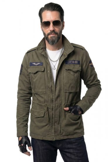 JP1880 Field Jacket with Badges Vintage Look TALL Moss Green - TALL jakas - TALL jakas gariem vīriešiem