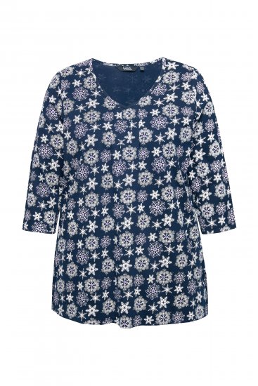 Ulla Popken Snowflake Print 3/4 Sleeve A-Line Tee Navy - Apdrukāti T-krekli sievietēm - 