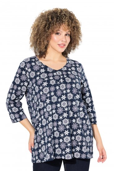 Ulla Popken Snowflake Print 3/4 Sleeve A-Line Tee Navy - Apdrukāti T-krekli sievietēm - 