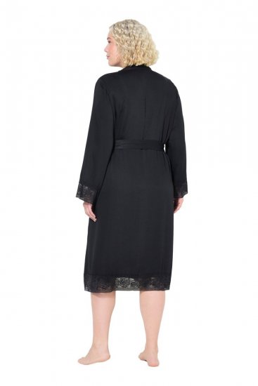 Ulla Popken 834837 Kimono peldmētelis ar mežģīnēm Melns - Rīta un peldmēteļi - 
