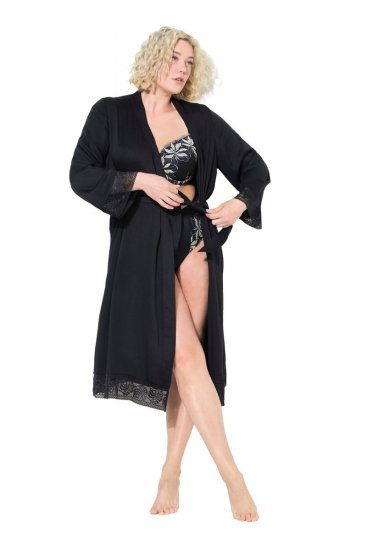Ulla Popken 834837 Kimono peldmētelis ar mežģīnēm Melns - Rīta un peldmēteļi - 