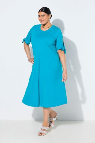 Ulla Popken 850724 Midi kleita ar īsām piedurknēm un sasienamu jostu Tirkīza - Midi kleitas - Midi kleitas lielajos izmēros