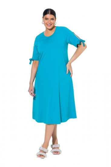 Ulla Popken 850724 Midi kleita ar īsām piedurknēm un sasienamu jostu Tirkīza - Midi kleitas - Midi kleitas lielajos izmēros