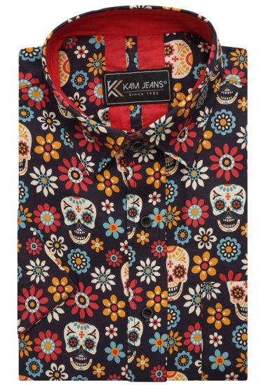 Kam Jeans 6040 Floral Skull Print Shirt Black - Krekli - Krekli - 2XL-8XL