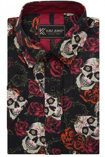 Kam Jeans 6042 Rose Skull Digital Print Shirt Black - Krekli - Krekli - 2XL-8XL
