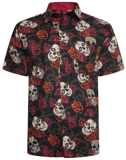 Kam Jeans 6042 Rose Skull Digital Print Shirt Black - Krekli - Krekli - 2XL-8XL