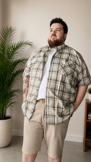 Kam Jeans 6339 Checked Short Sleeve Shirt Beige - Krekli - Krekli - 2XL-8XL