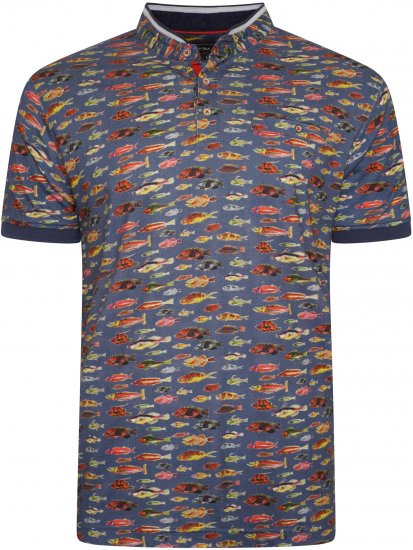 Kam Jeans 5743 Fish Print Jersey Grandad Top Indigo - Polo krekli - Polo krekli - 2XL-8XL
