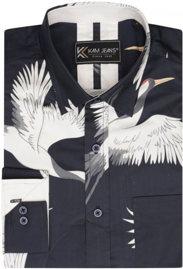 Kam Jeans 6059 LS Bird Print Shirt Navy - Krekli - Krekli - 2XL-8XL