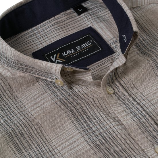Kam Jeans 6382 Rūtains Teksturēts Krekls ar Īsām Piedurknēm Bēšs - Krekli - Krekli - 2XL-8XL