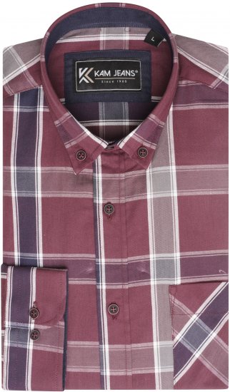 Kam Jeans P038 LS Premium Cotton Check Shirt Wine - Krekli - Krekli - 2XL-8XL