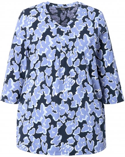 Ulla Popken Floral Print 3/4 Sleeve V-Neck Tee Navy Blue - Apdrukāti T-krekli sievietēm - 