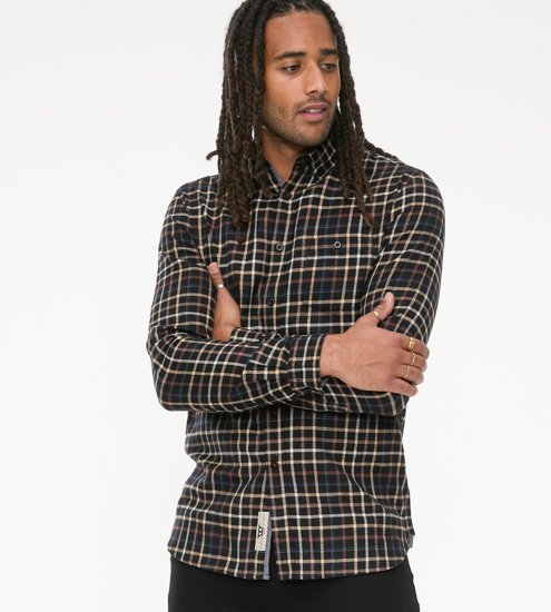 D555 Destin Checked Long Sleeve Shirt Black/Tan Check - Krekli ar garām piedurknēm - 