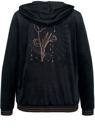 Ulla Popken Tulip Line Print Velour Zip Hoodie Black - Džemperi un džemperi ar kapuci - 