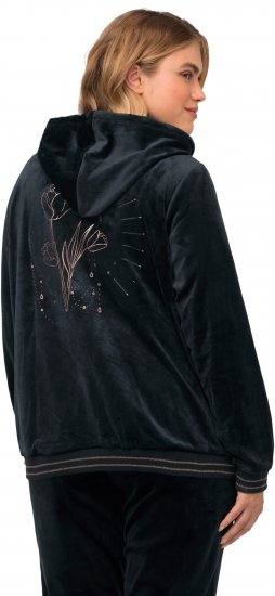 Ulla Popken Tulip Line Print Velour Zip Hoodie Black - Džemperi un džemperi ar kapuci - 