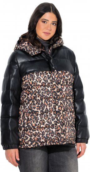 Ulla Popken HYPRAR Leopard And Leather Look Quilted Jacket Black - Jakas - 
