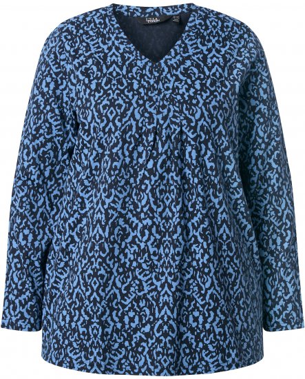 Ulla Popken Geometric Print 3/4 Sleeve Pleated Tee Navy Blue - Apdrukāti T-krekli sievietēm - 