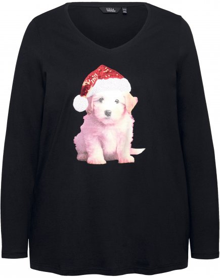 Ulla Popken Puppy Graphic Christmas Long Sleeve T-Shirt Black - T-krekli - 