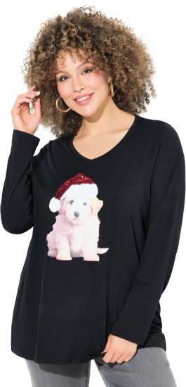 Ulla Popken Puppy Graphic Christmas Long Sleeve T-Shirt Black - T-krekli - 