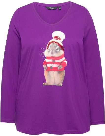 Ulla Popken Christmas Squirrel Long Sleeve Graphic Tee Dark Purple - Apdrukāti T-krekli sievietēm - 