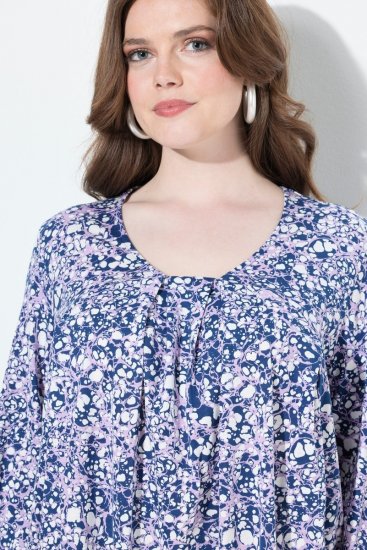 Ulla Popken Allover Printed Pleated Long Sleeve Tee Dark Blue - Apdrukāti T-krekli sievietēm - Sieviešu T-krekli ar apdruku