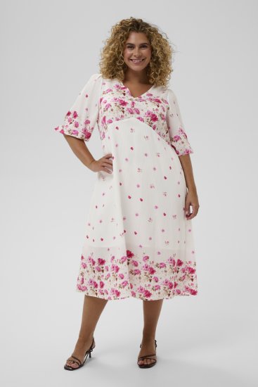 Kaffe Curve Rosa Midi Dress White Rose Border Flower - Kleitas - 