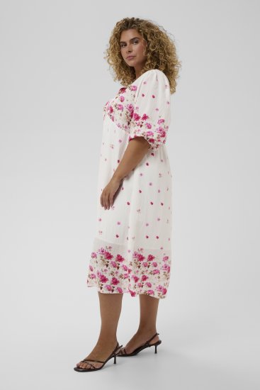 Kaffe Curve Rosa Midi Dress White Rose Border Flower - Kleitas - 