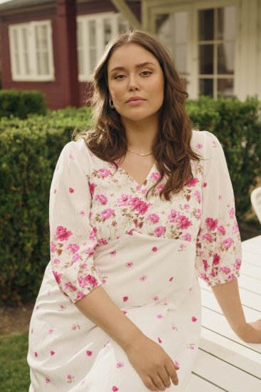 Kaffe Curve Rosa Midi Dress White Rose Border Flower - Kleitas - 
