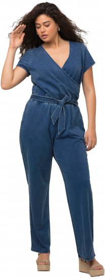 Ulla Popken Wrap Look Short Sleeve Denim Jumpsuit Blue - Džinsi & Bikses Lielos Izmēros – Plus Size - 