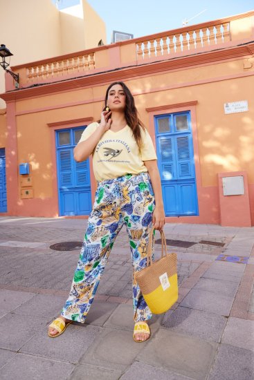Ulla Popken Italy Print Elastic Waist Pants White - Džinsi & Bikses Lielos Izmēros – Plus Size - 