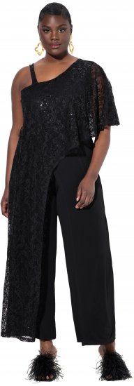 Ulla Popken Asymmetric Lace Panel Jumpsuit Black - Džinsi & Bikses Lielos Izmēros – Plus Size - 