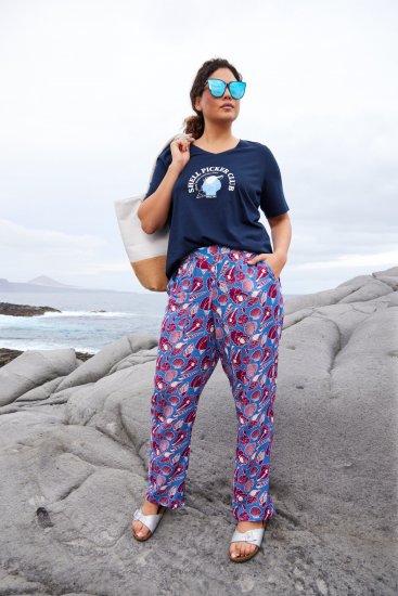 Ulla Popken Seashell Print Elastic Waist Pants Blue - Džinsi & Bikses Lielos Izmēros – Plus Size - 