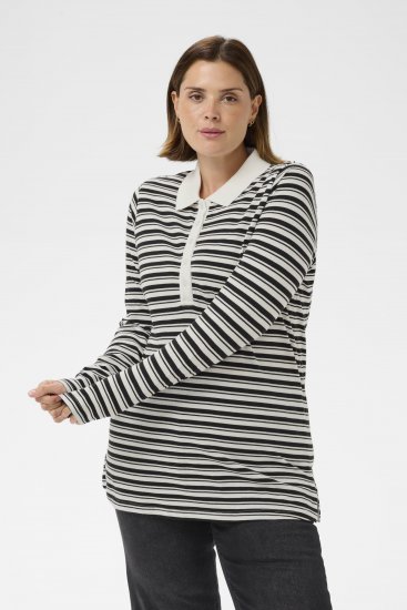 Kaffe Curve Miana Long Sleeve Polo Chalk with Black Stripe - Polo krekli - 