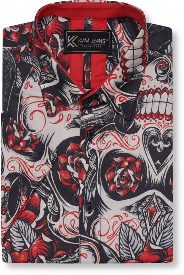 Kam Jeans 6062 Skull And Roses Print Short Sleeve Shirt Black - Krekli - Krekli - 2XL-8XL