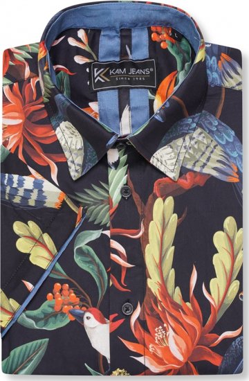 Kam Jeans 6066 Bird Print Short Sleeve Shirt Navy - Krekli - Krekli - 2XL-8XL
