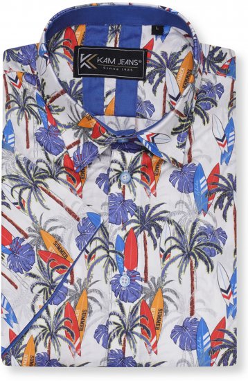 Kam Jeans 6060 Palm Tree and Surf Boards Short Sleeve Shirt White - Krekli - Krekli - 2XL-8XL