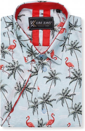 Kam Jeans 6067 Flamingo and Palm Tree Short Sleeve Shirt Blue - Krekli - Krekli - 2XL-8XL