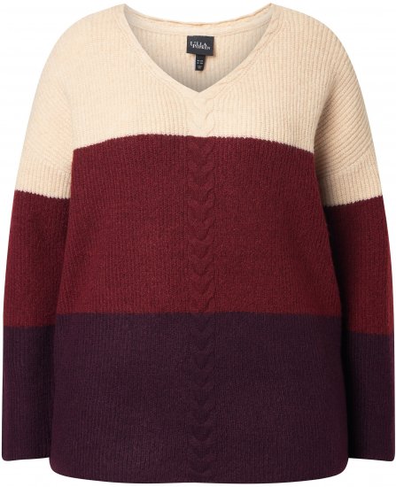 Ulla Popken Cable Knit Block Stripe V-Neck Sweater Dark Ruby - Džemperi un džemperi ar kapuci - 