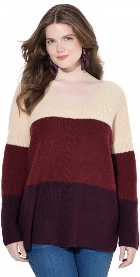 Ulla Popken Cable Knit Block Stripe V-Neck Sweater Dark Ruby - Džemperi un džemperi ar kapuci - 