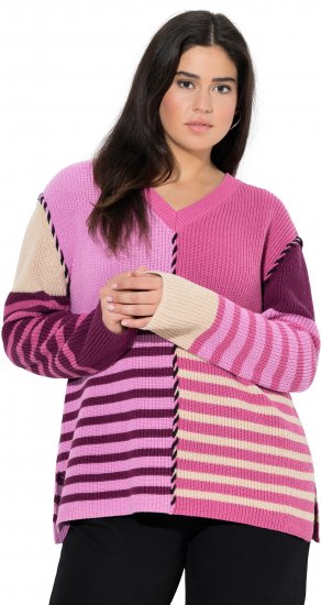 Ulla Popken Patchwork Striped Long Sleeve V-Neck Sweater Raspberry - Džemperi un džemperi ar kapuci - 