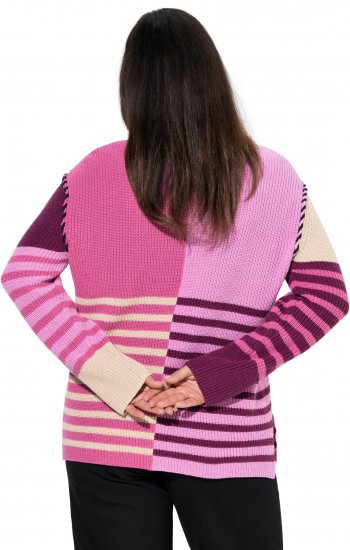 Ulla Popken Patchwork Striped Long Sleeve V-Neck Sweater Raspberry - Džemperi un džemperi ar kapuci - 