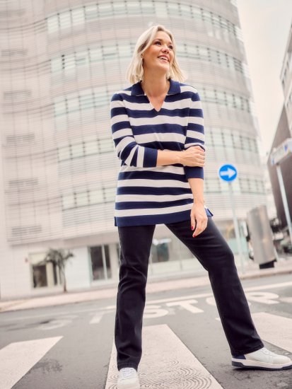 Ulla Popken Striped Polo Collar Long Sleeve Sweater Navy - Džemperi un džemperi ar kapuci - 