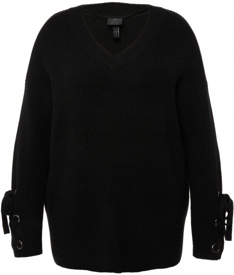 Ulla Popken Lace-Up Cuff Long Sleeve V-Neck Sweater Black - Džemperi un džemperi ar kapuci - 